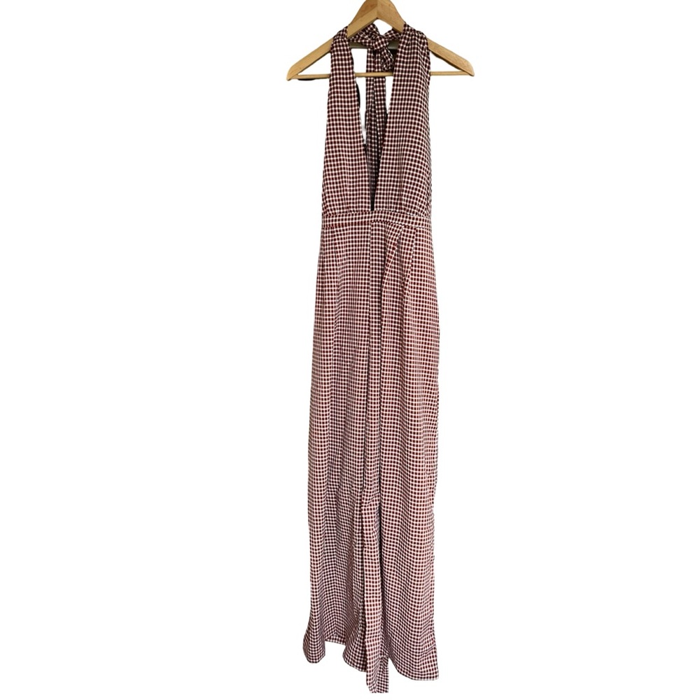 Cider Brown Gingham Plunge V-Neck One Piece Wide Leg Pantsuit Jumpsuit Size XL - Picture 10 of 16
